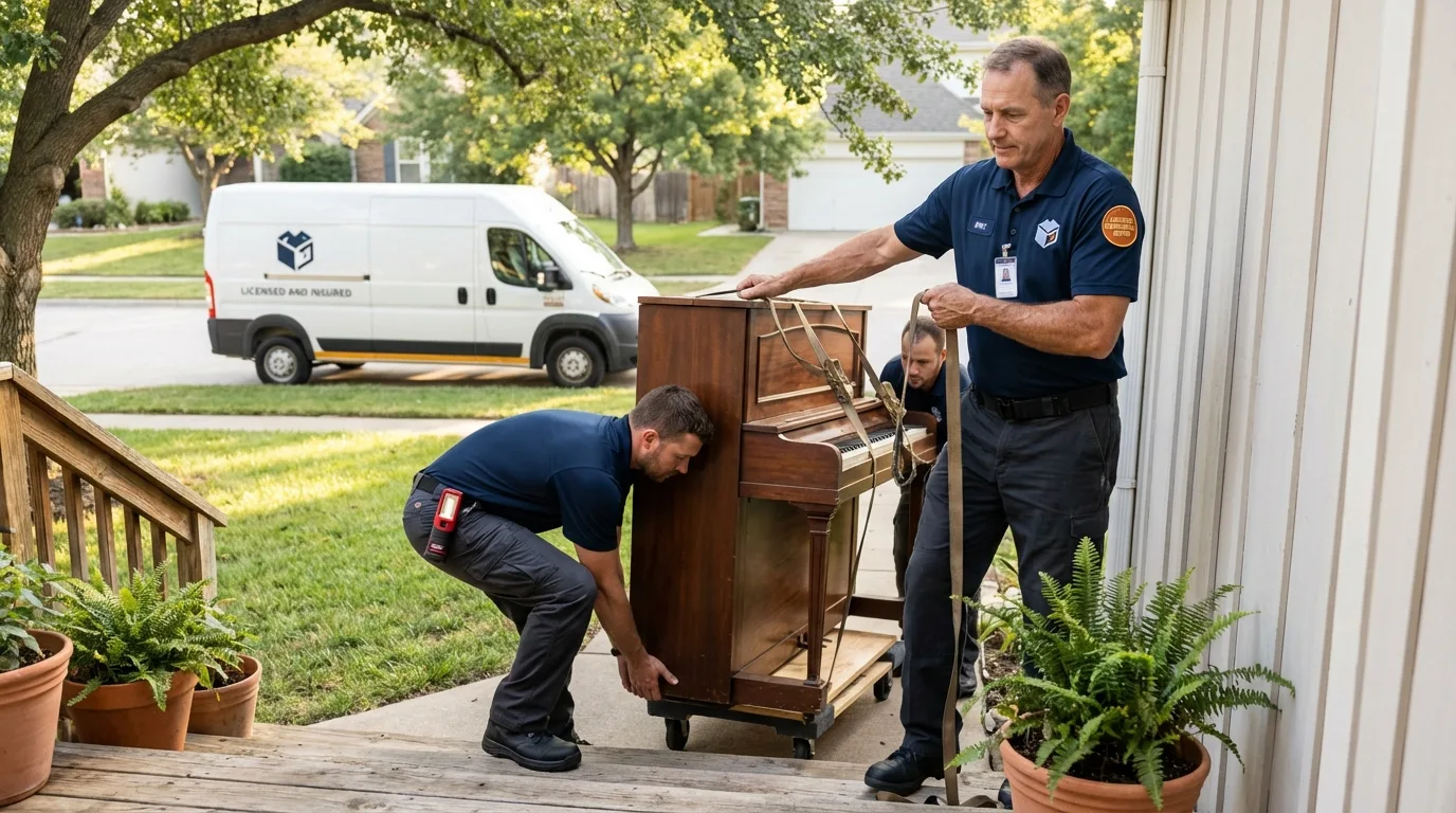 Licensed piano movers securing grand piano in Olivet, MI