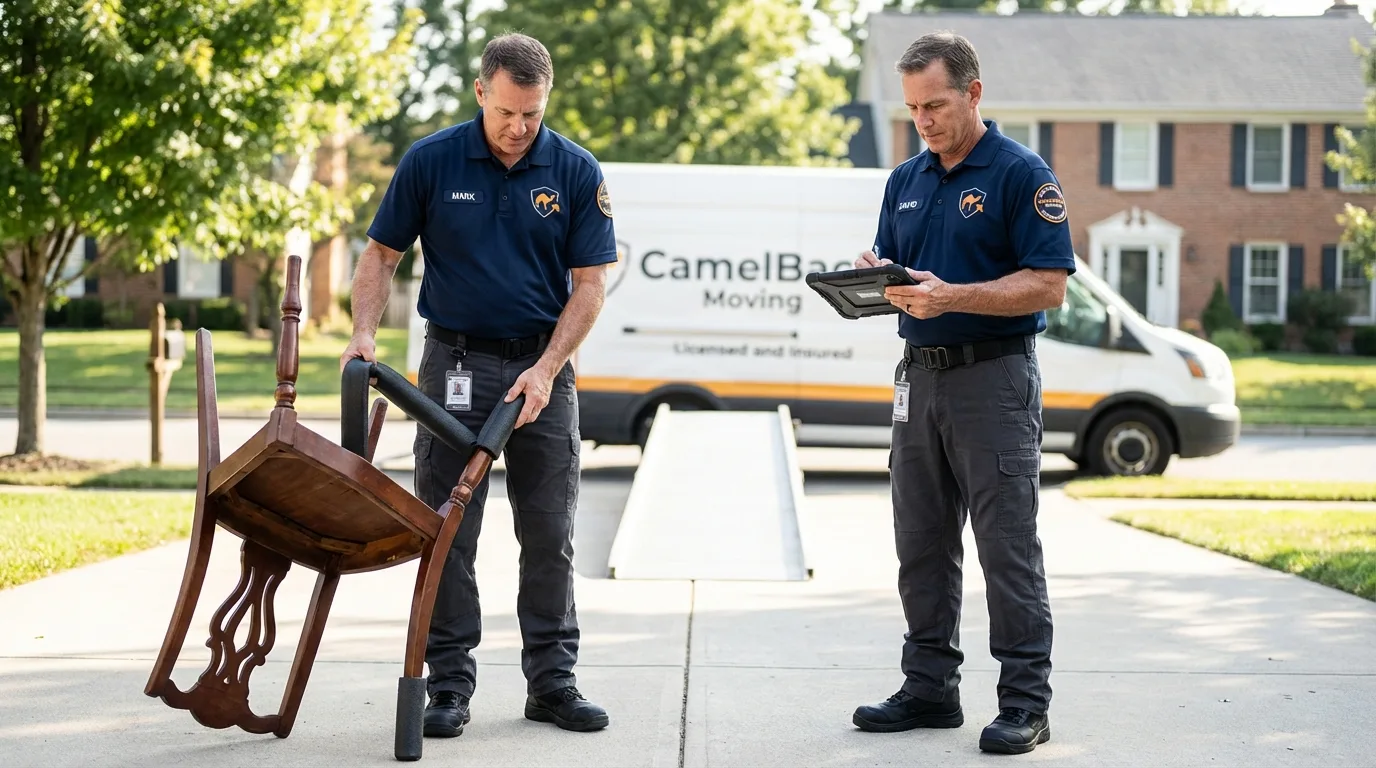 Movers inspecting furniture for damage prevention before loading in Olivet, MI