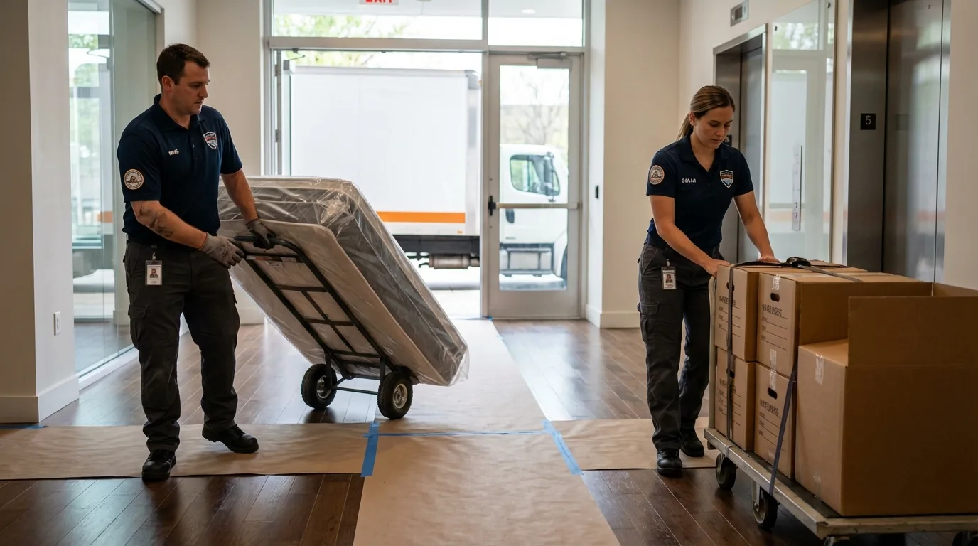 Professional apartment movers loading elevator in Olivet, MI