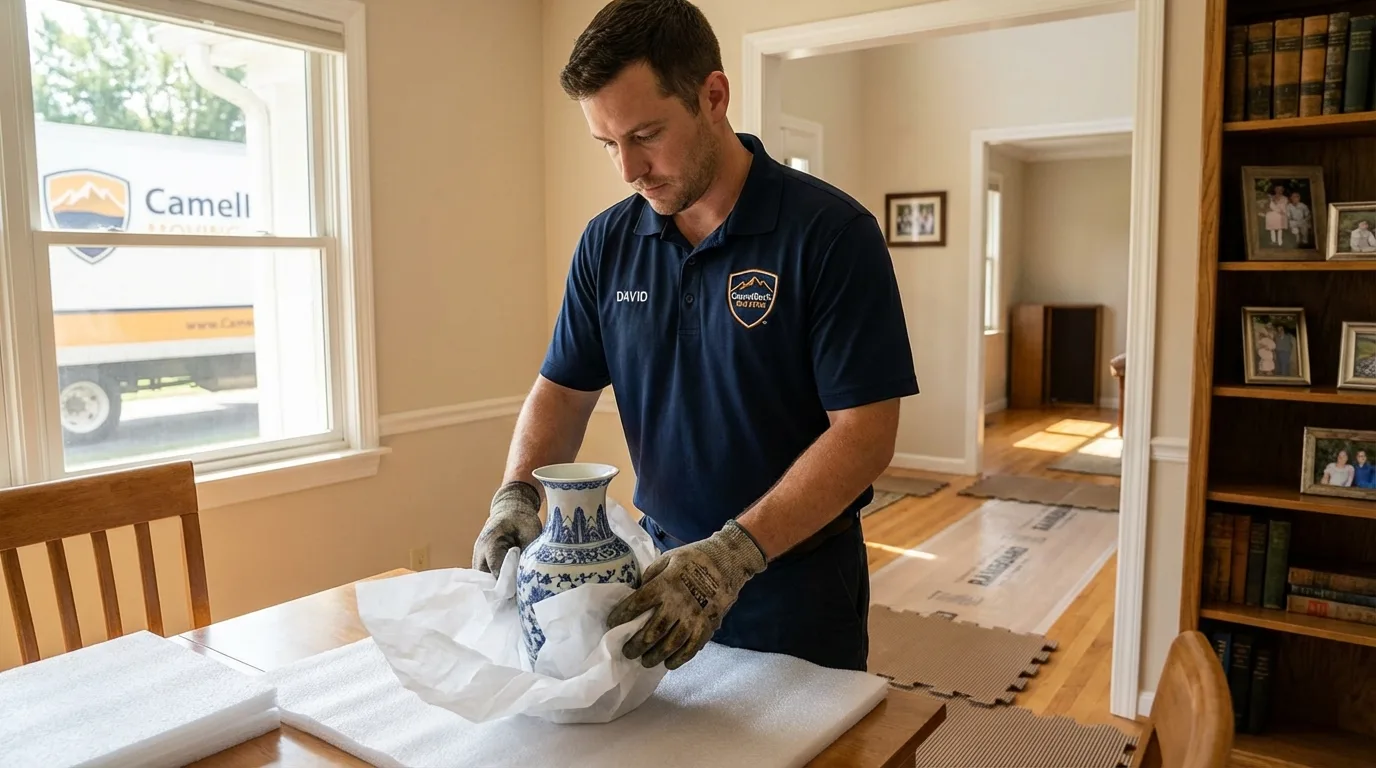 Professional crew carefully wrapping antique vase for senior downsizing move in Olivet, MI