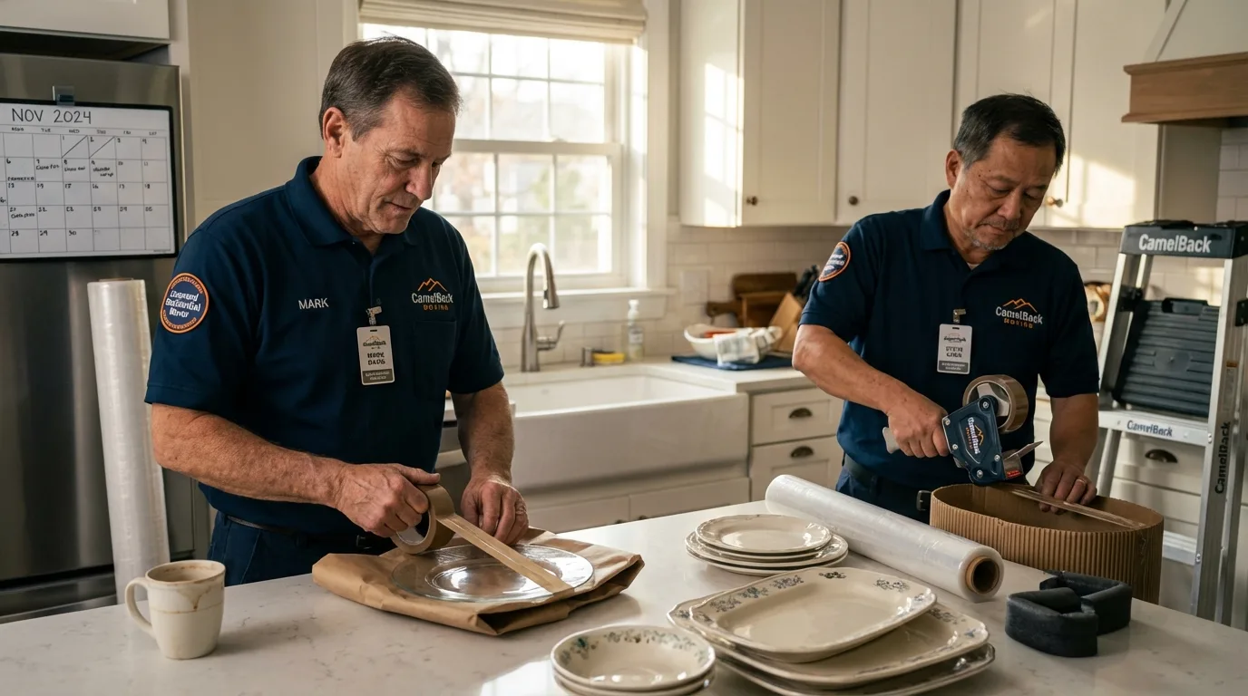 Professional crew packing kitchen dishware in Olivet, MI